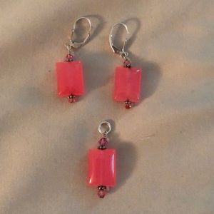 Sterling Silver Pink Jade Earrings/Pendant Set